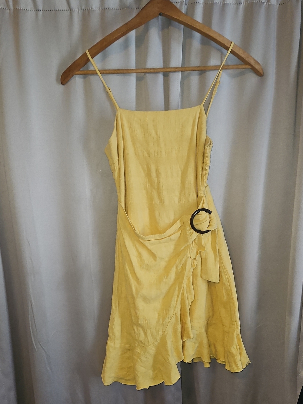 American Eagle Outfitters Yellow Spaghetti Wrap Mini Dress Tummy Flattering